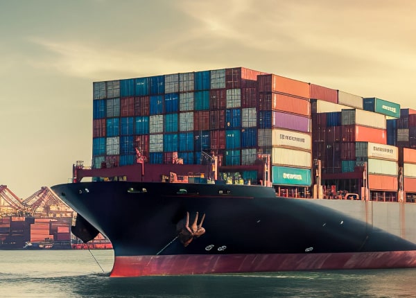 Container ship loaded with cargo arriving at port