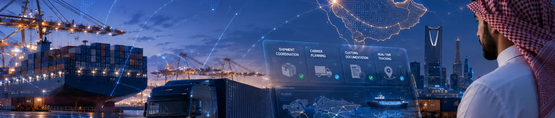Container truck leaving a Saudi port with a shipment coordination dashboard