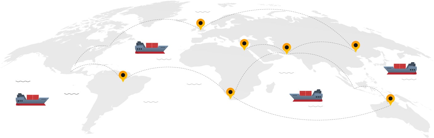 Map illustrating planned shipping and delivery routes between locations